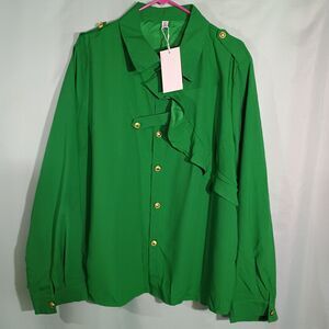 Green Ruffle Blouse Gold Button Shirt Long Sleeve Dressy Top